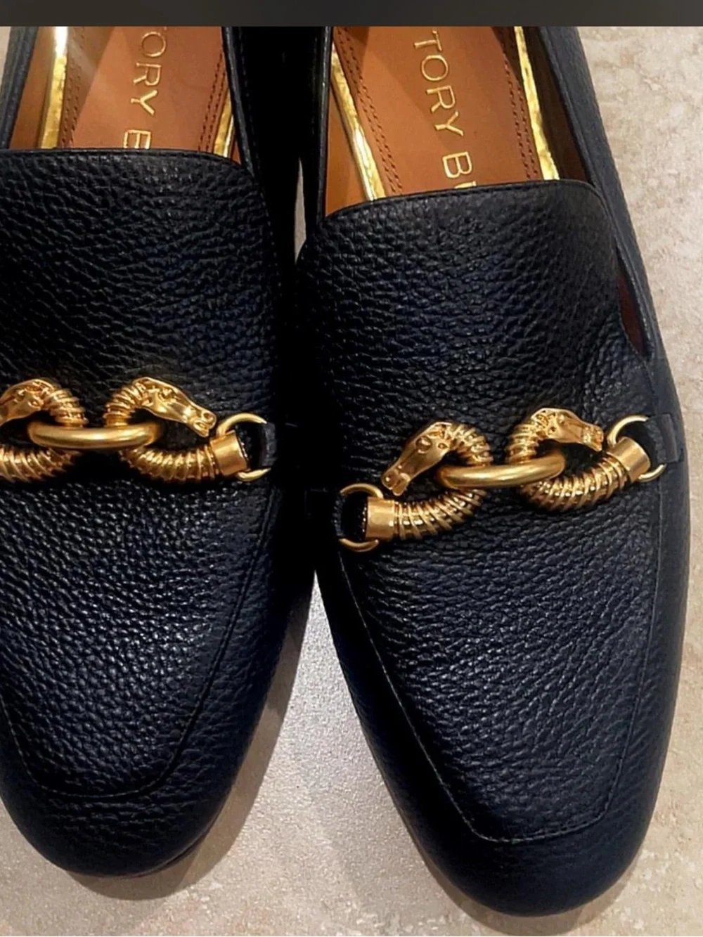 Tory Burch Black Leather Loafers with Gold Plaque